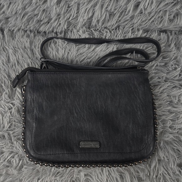 Jessica Simpson Crossbody Purse Black Textured Faux Leather Silver Tone Trim - Picture 1 of 12